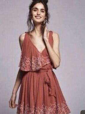 Free People Rust Embroidered V-Neck in wrap  Mini Dress